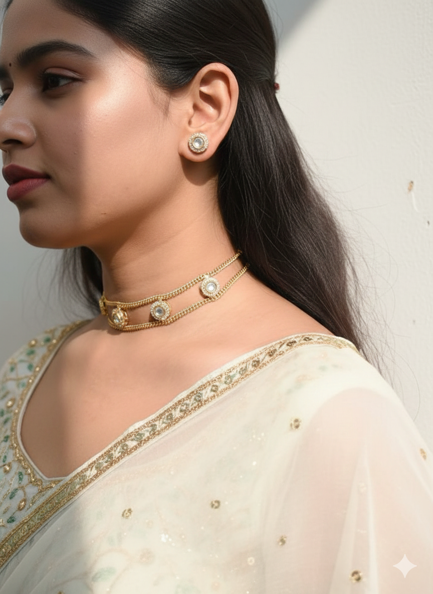 Gold-Finish Layered Kundan Choker Necklace with Polki Stones & Matching Stud Earrings