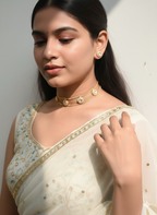 Gold-Finish Layered Kundan Choker Necklace with Polki Stones & Matching Stud Earrings