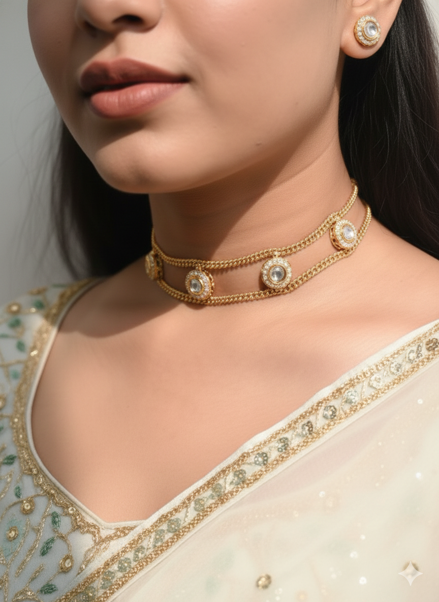 Gold-Finish Layered Kundan Choker Necklace with Polki Stones & Matching Stud Earrings