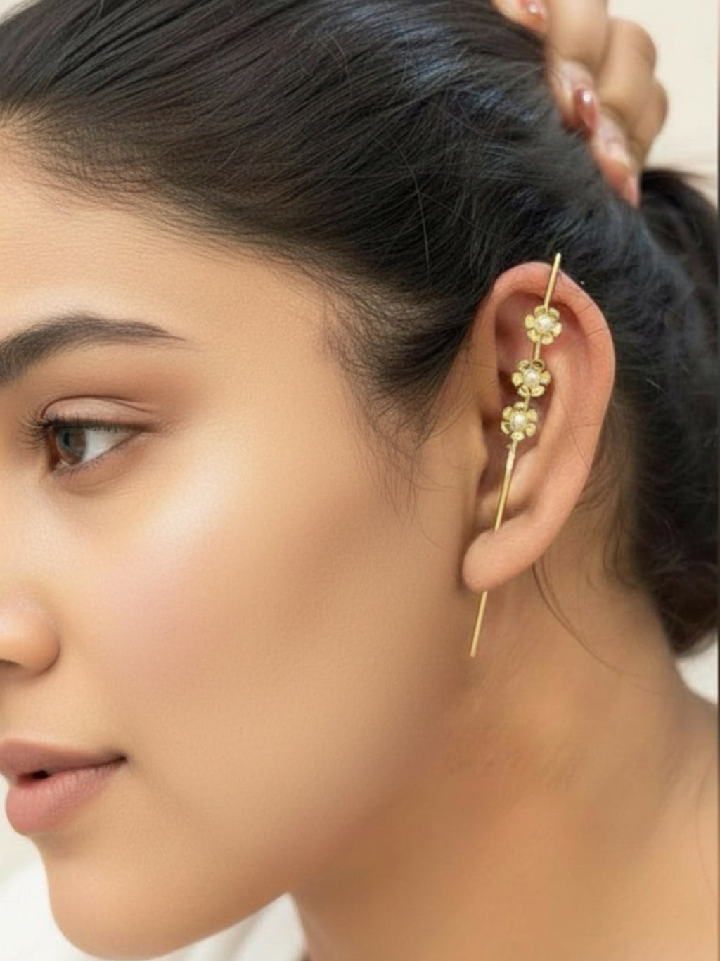 Gold Floral Ear Cuff for Women | Pearl Flower Statement Ear Cuff | Non-Pierced Stylish Ear Accessory