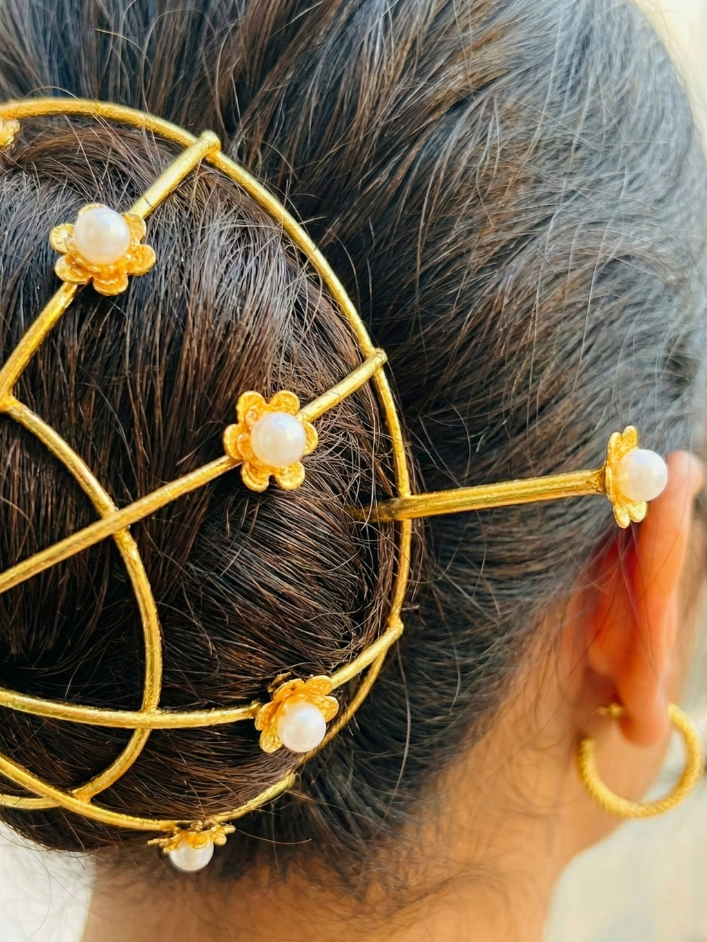 Gold Floral Juda Cover for Bun | Pearl-Studded Hair Bun Net | Bridal & Festive Bun Accessory