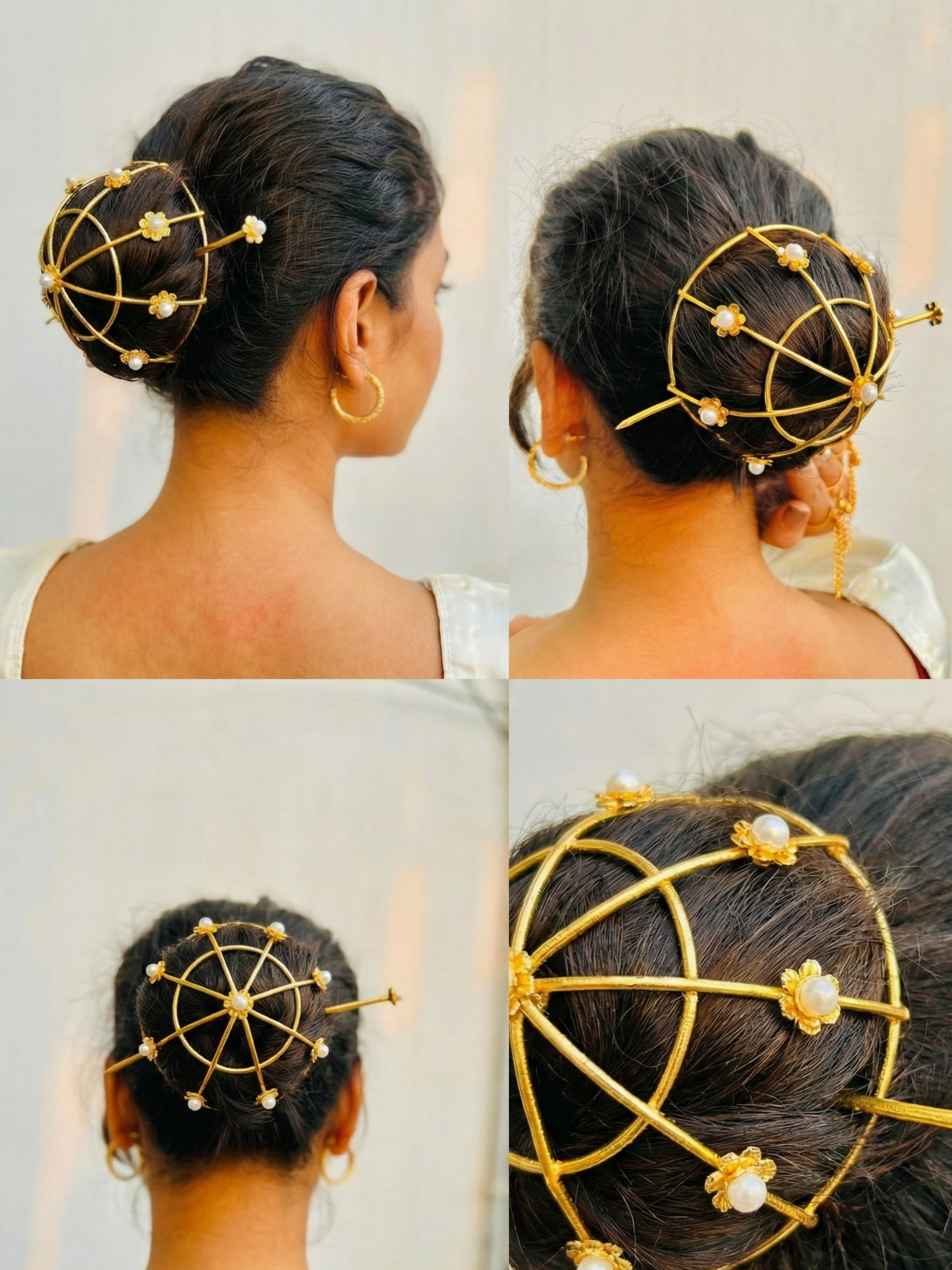 Gold Floral Juda Cover for Bun | Pearl-Studded Hair Bun Net | Bridal & Festive Bun Accessory