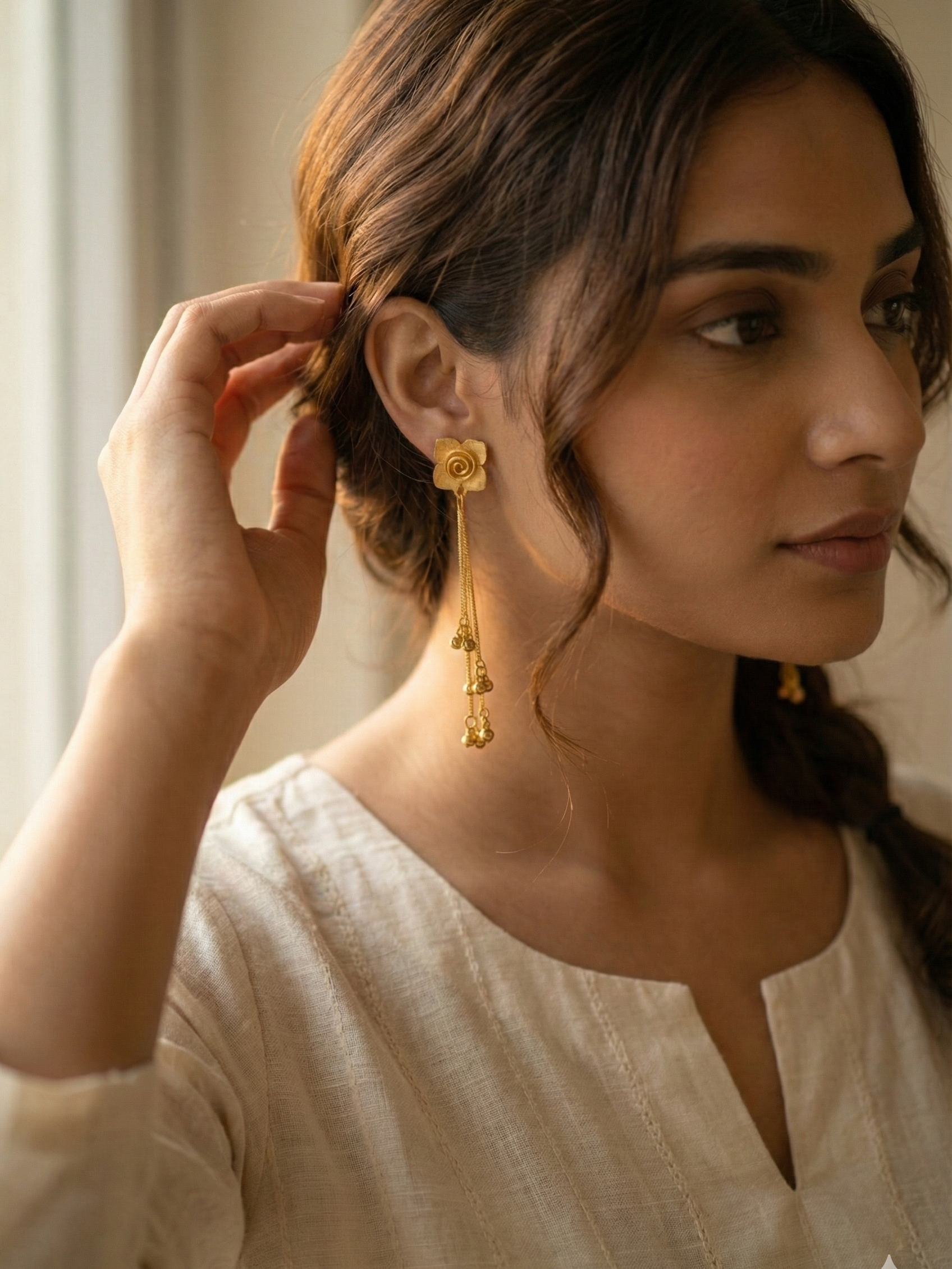 Gold Floral Long Drop Earrings for Women – Elegant Rose Design with Hanging Ghungroo Chains