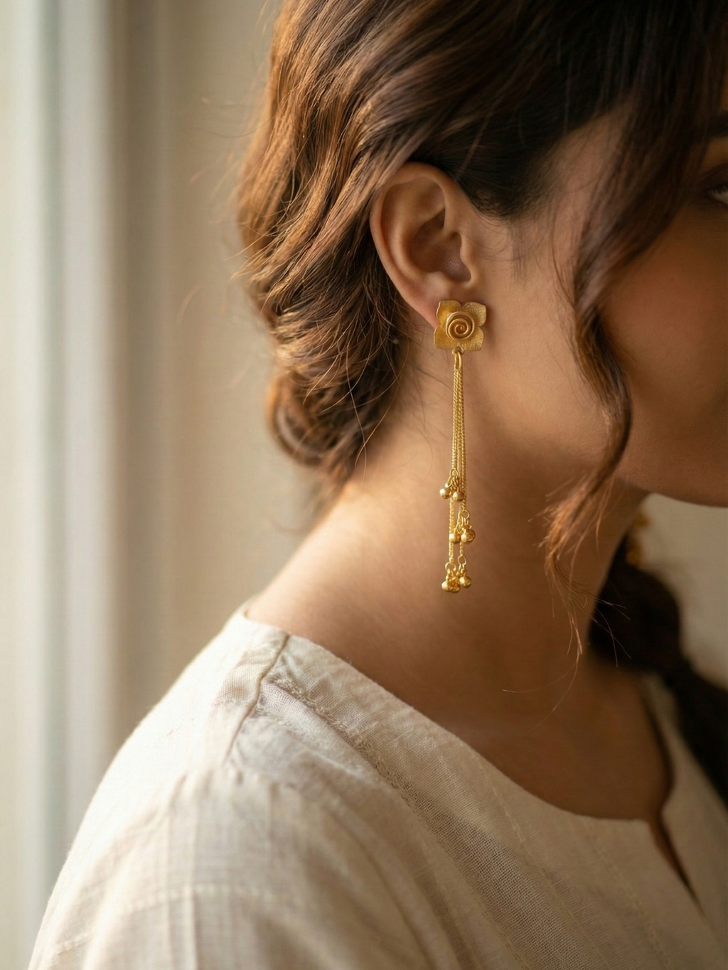 Gold Floral Long Drop Earrings for Women – Elegant Rose Design with Hanging Ghungroo Chains
