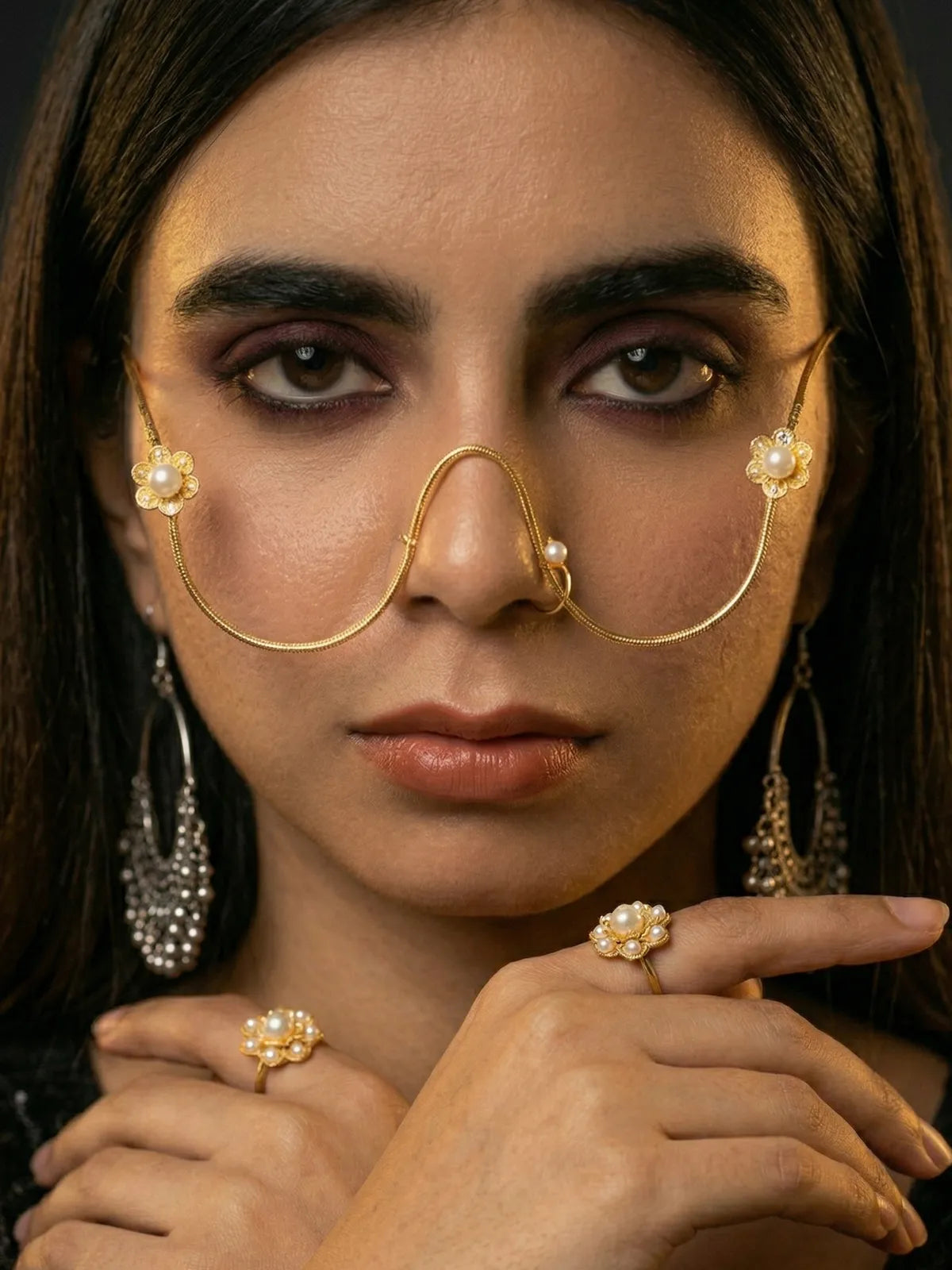 Gold Floral Pearl Facelet | Elegant Nose Frame Jewelry | Minimalist Bridal Face Accessory for Women
