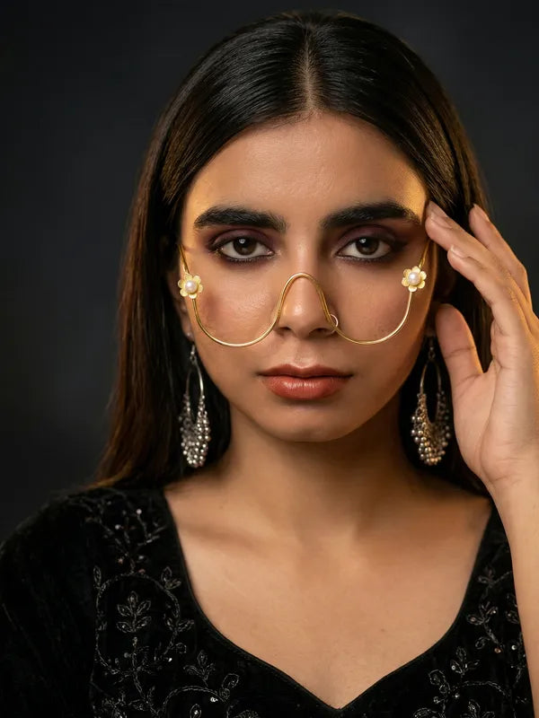 Gold Floral Pearl Facelet | Elegant Nose Frame Jewelry | Minimalist Bridal Face Accessory for Women