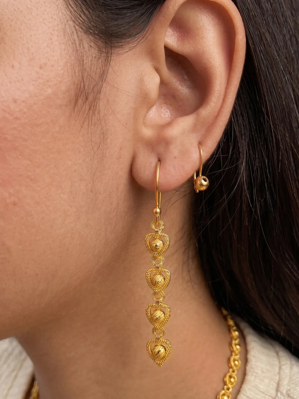 Gold Heart Drop Earrings & Beaded Necklace Set | Elegant Minimal Jewelry Set for Women | Lightweight Everyday & Party Wear