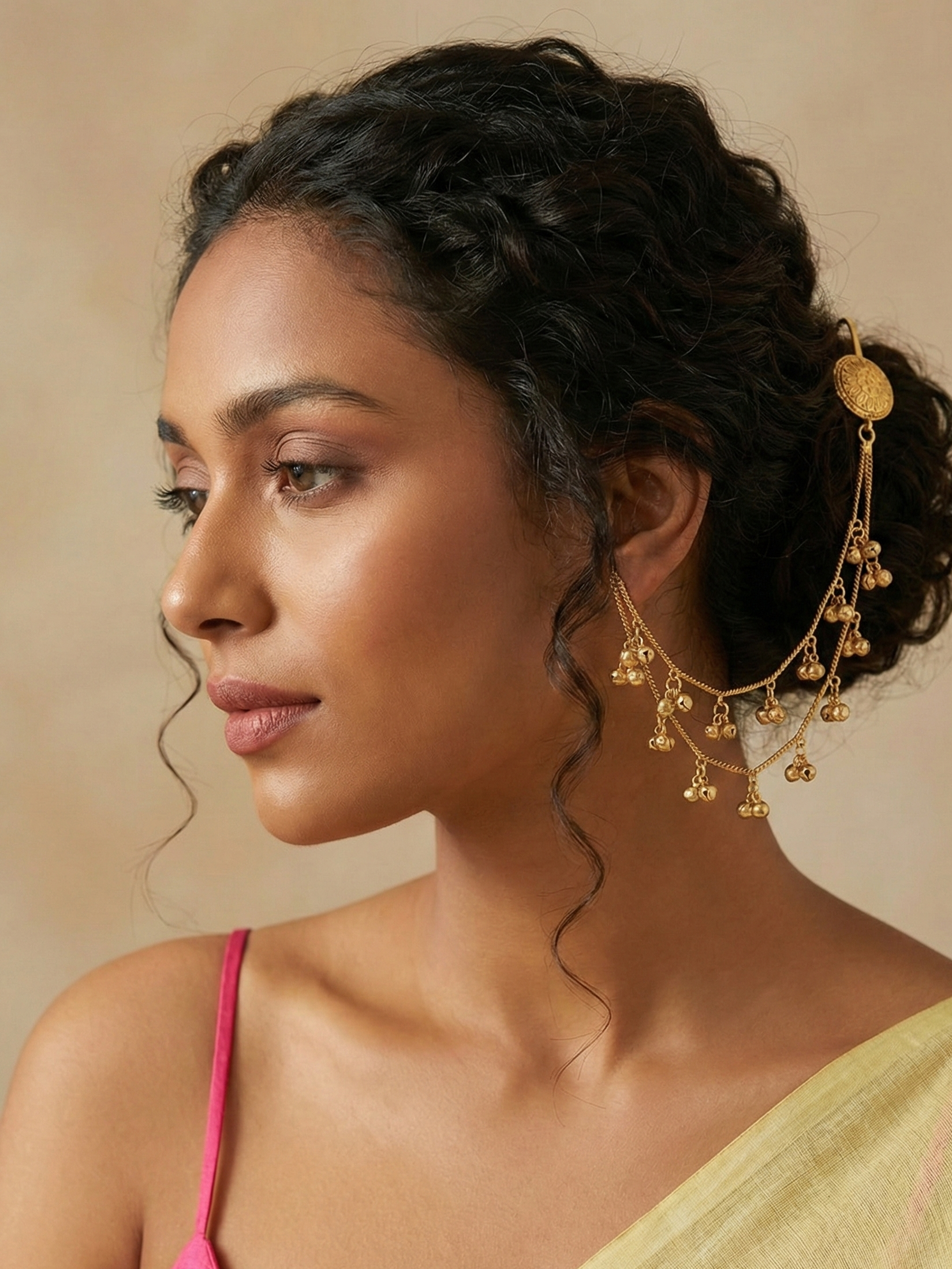 Gold Kanchain Hair Accessory | Traditional Ear-to-Hair Chain with Ghungroo for Bridal & Festive Looks