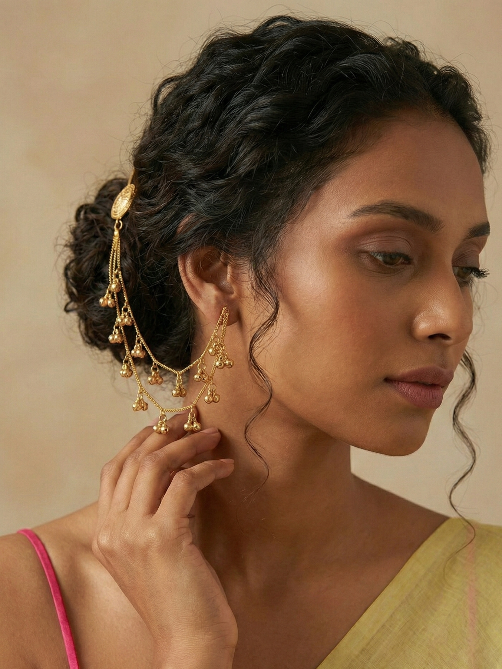 Gold Kanchain Hair Accessory | Traditional Ear-to-Hair Chain with Ghungroo for Bridal & Festive Looks
