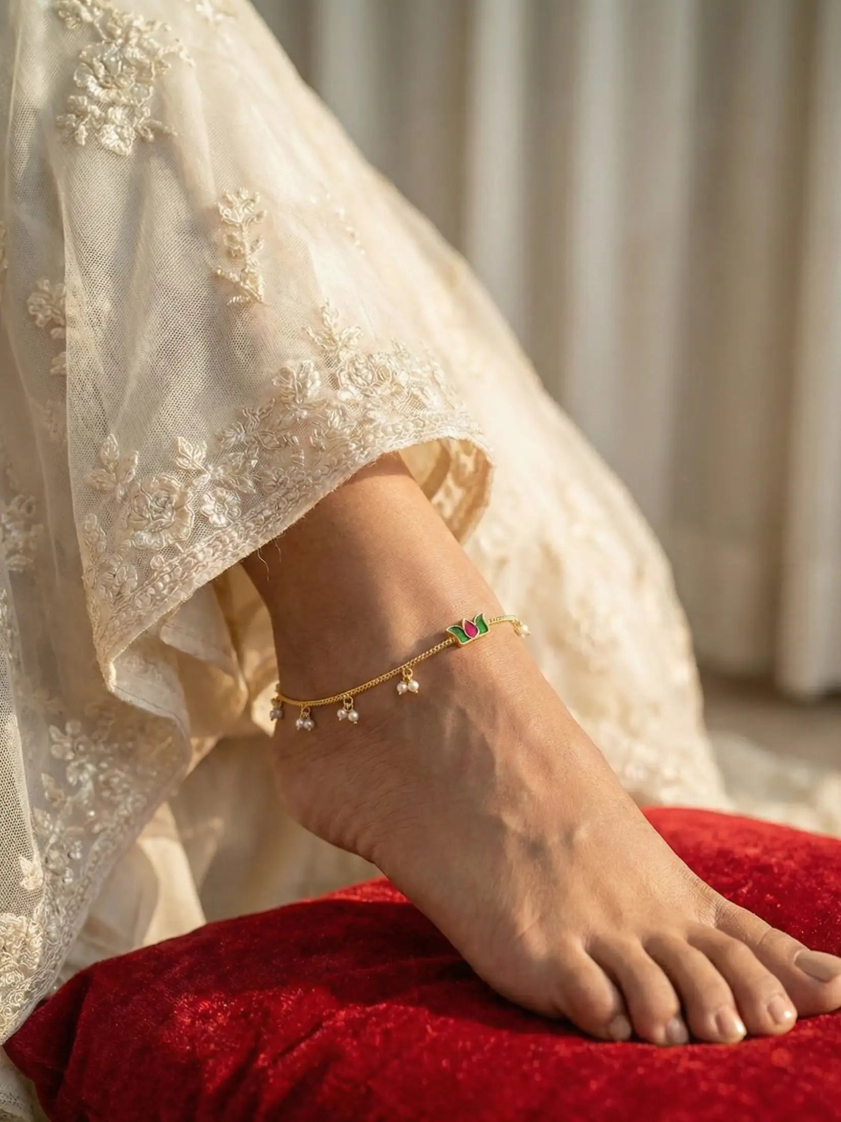 Gold Lotus Pearl Anklet for Women | Minimal Floral Payal with Pearl Drops | Traditional & Festive Foot Jewelry