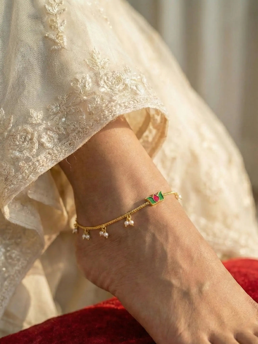 Gold Lotus Pearl Anklet for Women | Minimal Floral Payal with Pearl Drops | Traditional & Festive Foot Jewelry