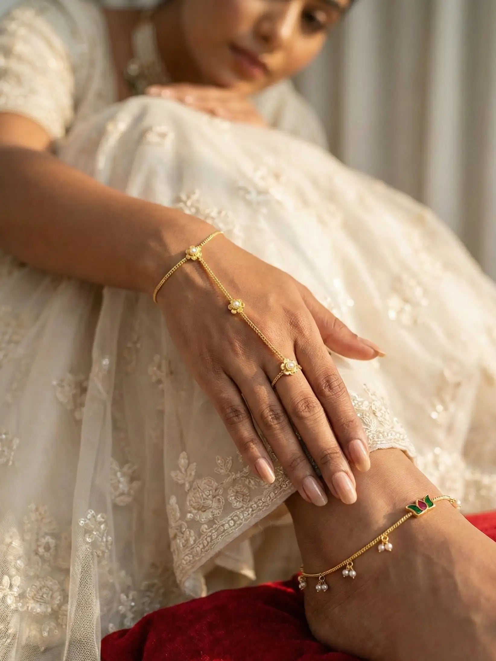 Gold Lotus Pearl Anklet for Women | Minimal Floral Payal with Pearl Drops | Traditional & Festive Foot Jewelry