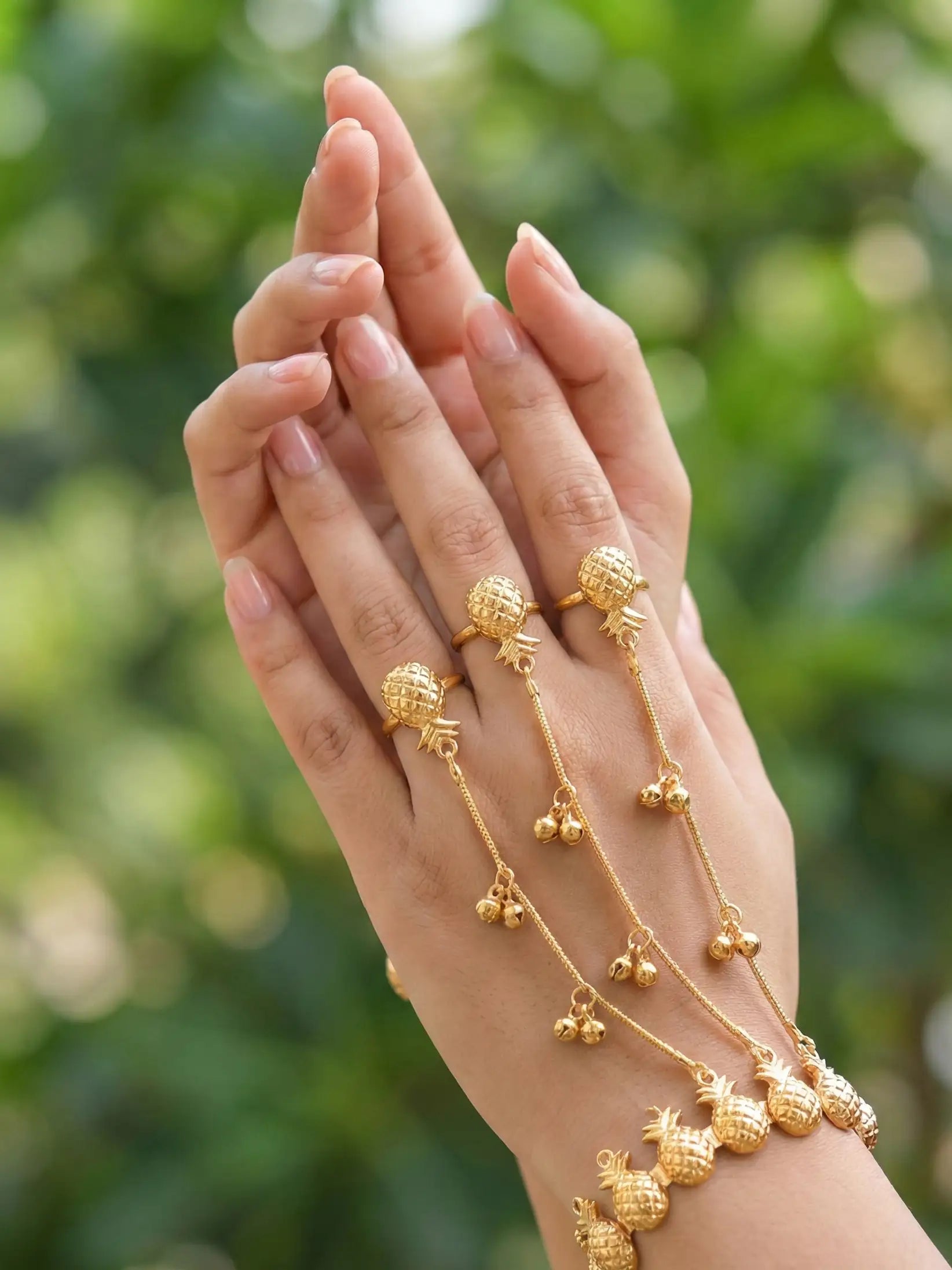 Gold Pineapple Hathphool Hand Harness for Women | Traditional Ring Bracelet Hand Chain | Bridal & Festive Hand Jewelry