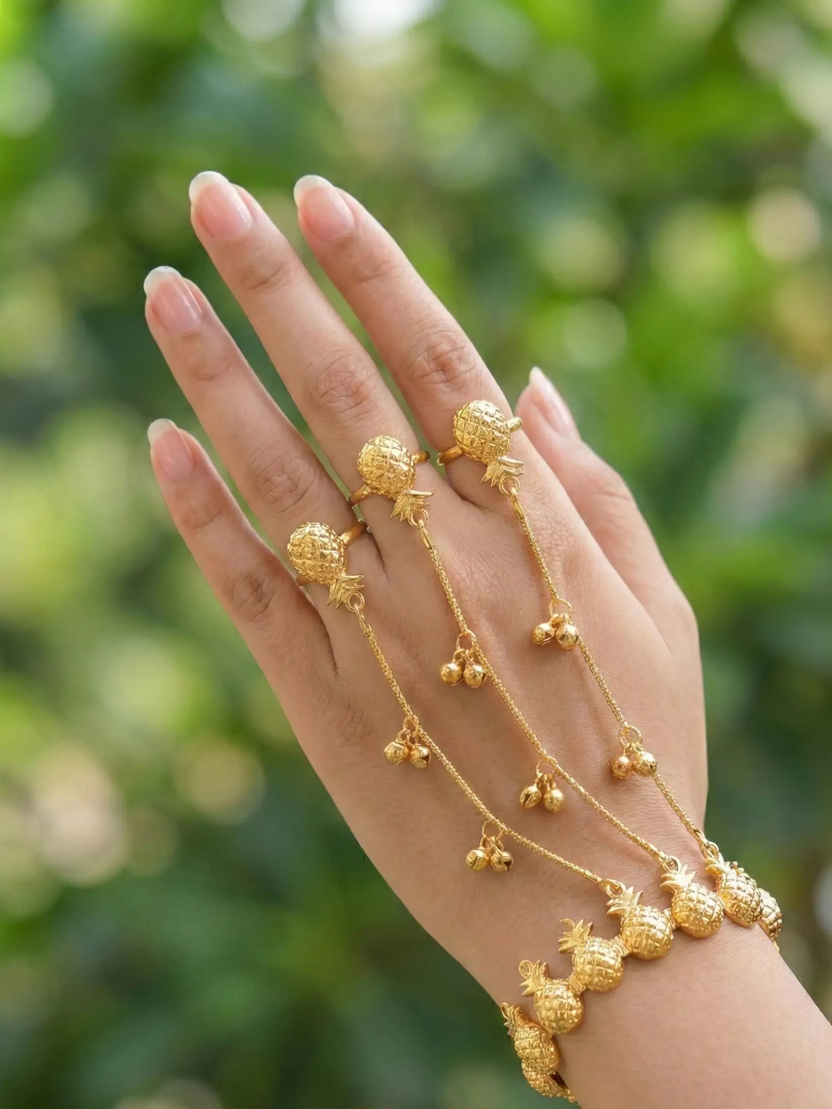 Gold Pineapple Hathphool Hand Harness for Women | Traditional Ring Bracelet Hand Chain | Bridal & Festive Hand Jewelry