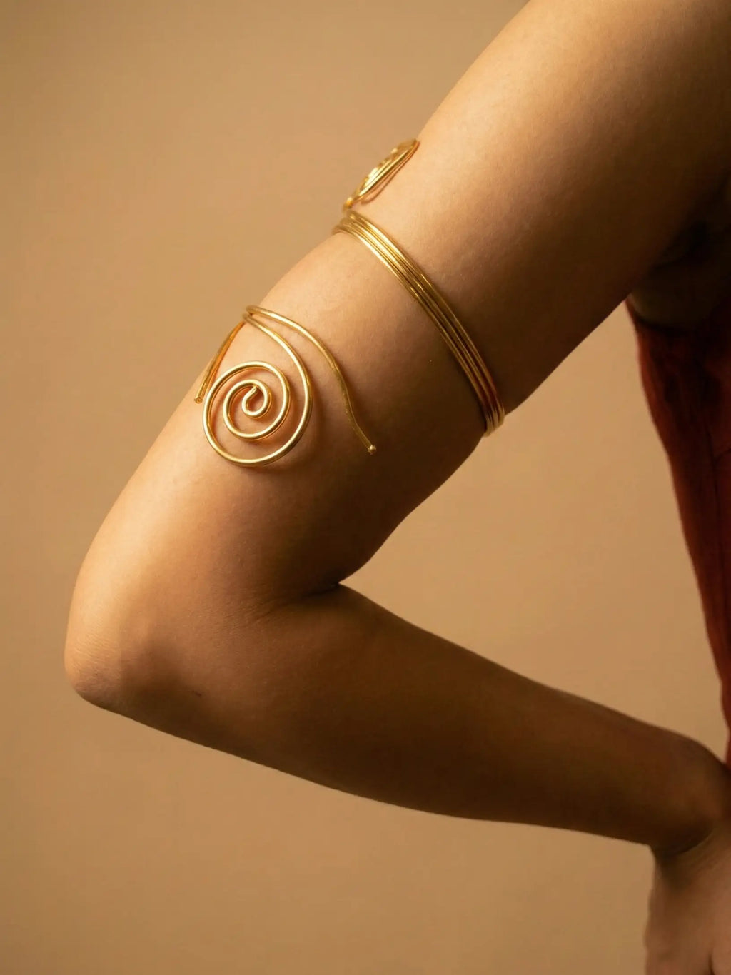 Gold Spiral Arm Cuff Bracelet for Women | Minimalist Adjustable Upper Arm Bangle | Contemporary Statement Armlet Jewelry