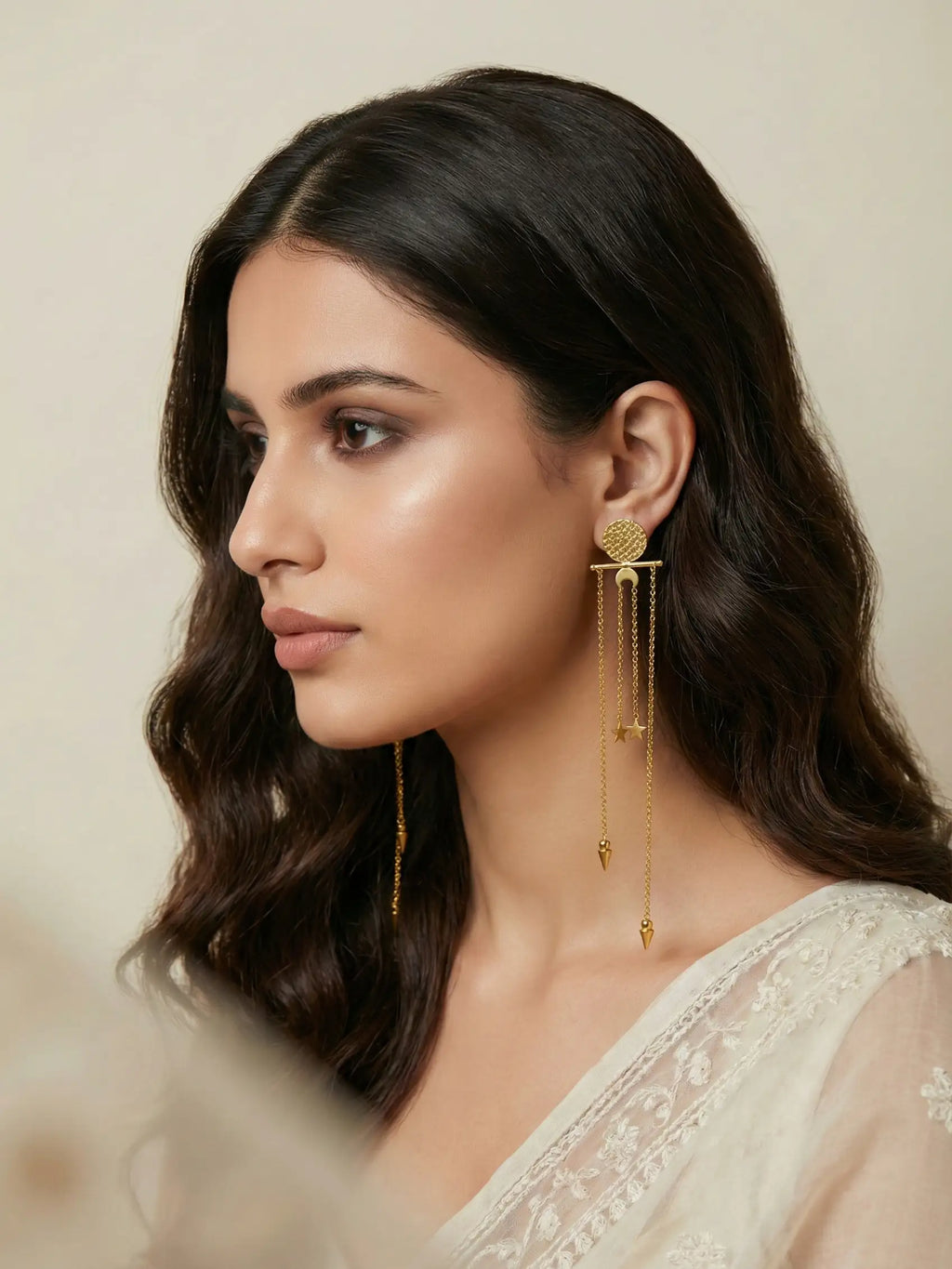 Gold Textured Disc Long Chain Earrings for Women | Statement Drop Earrings with Star & Spike Charms | Modern Festive Jewelry