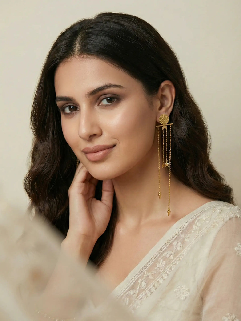 Gold Textured Disc Long Chain Earrings for Women | Statement Drop Earrings with Star & Spike Charms | Modern Festive Jewelry