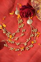 Haldi Bridal Jewellery Combo Set – Bride Earrings, Crescent Hathphool, Ghunghroo Kanchain & Elegant Facelet