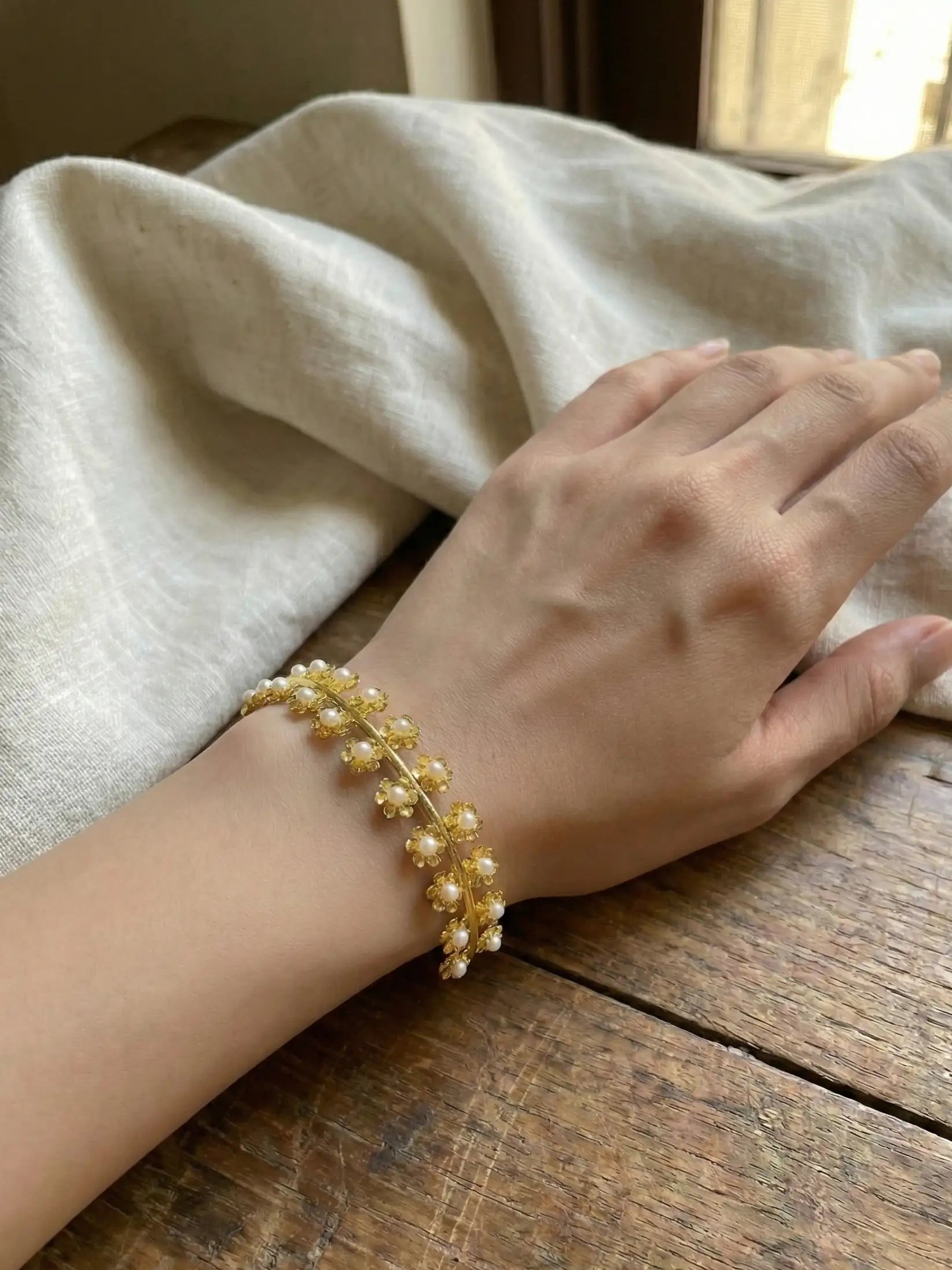 Handcrafted Gold Pearl Floral Bracelet | Delicate Pearl Kada / Bangles for Women & Girls | Festive & Ethnic Jewelry