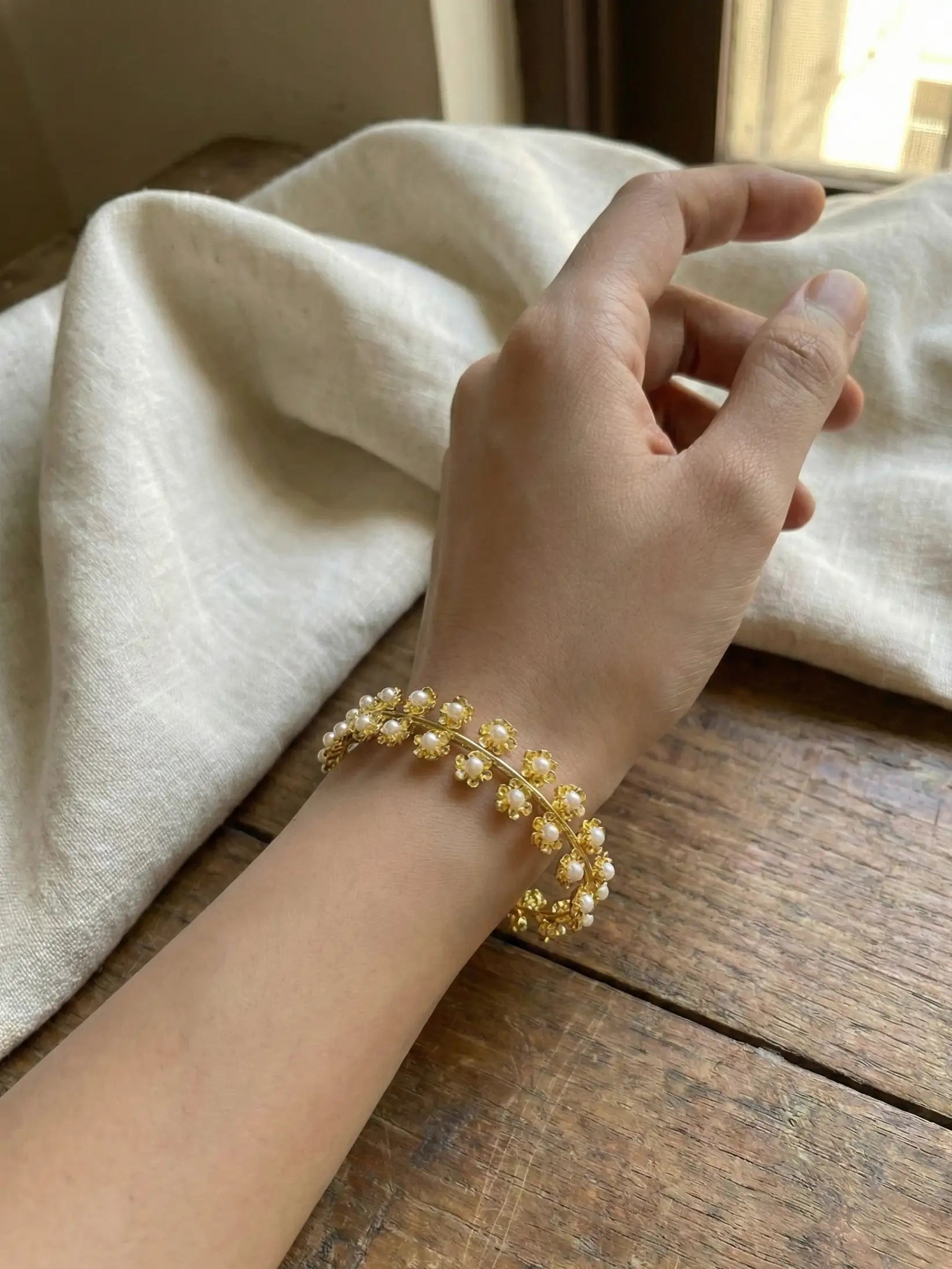 Handcrafted Gold Pearl Floral Bracelet | Delicate Pearl Kada / Bangles for Women & Girls | Festive & Ethnic Jewelry