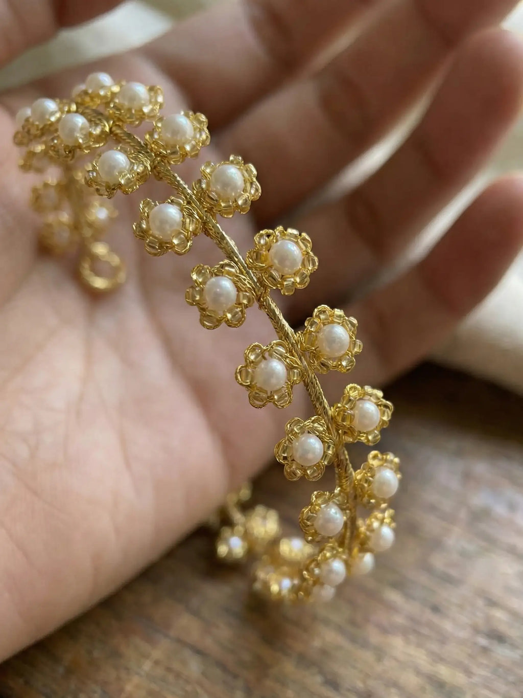Handcrafted Gold Pearl Floral Bracelet | Delicate Pearl Kada / Bangles for Women & Girls | Festive & Ethnic Jewelry