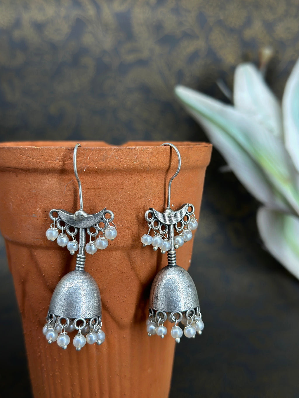 German Silver Pearl Jhumka Earrings for Women | Oxidised Silver Traditional Jhumki Earrings | Ethnic Statement Jewellery