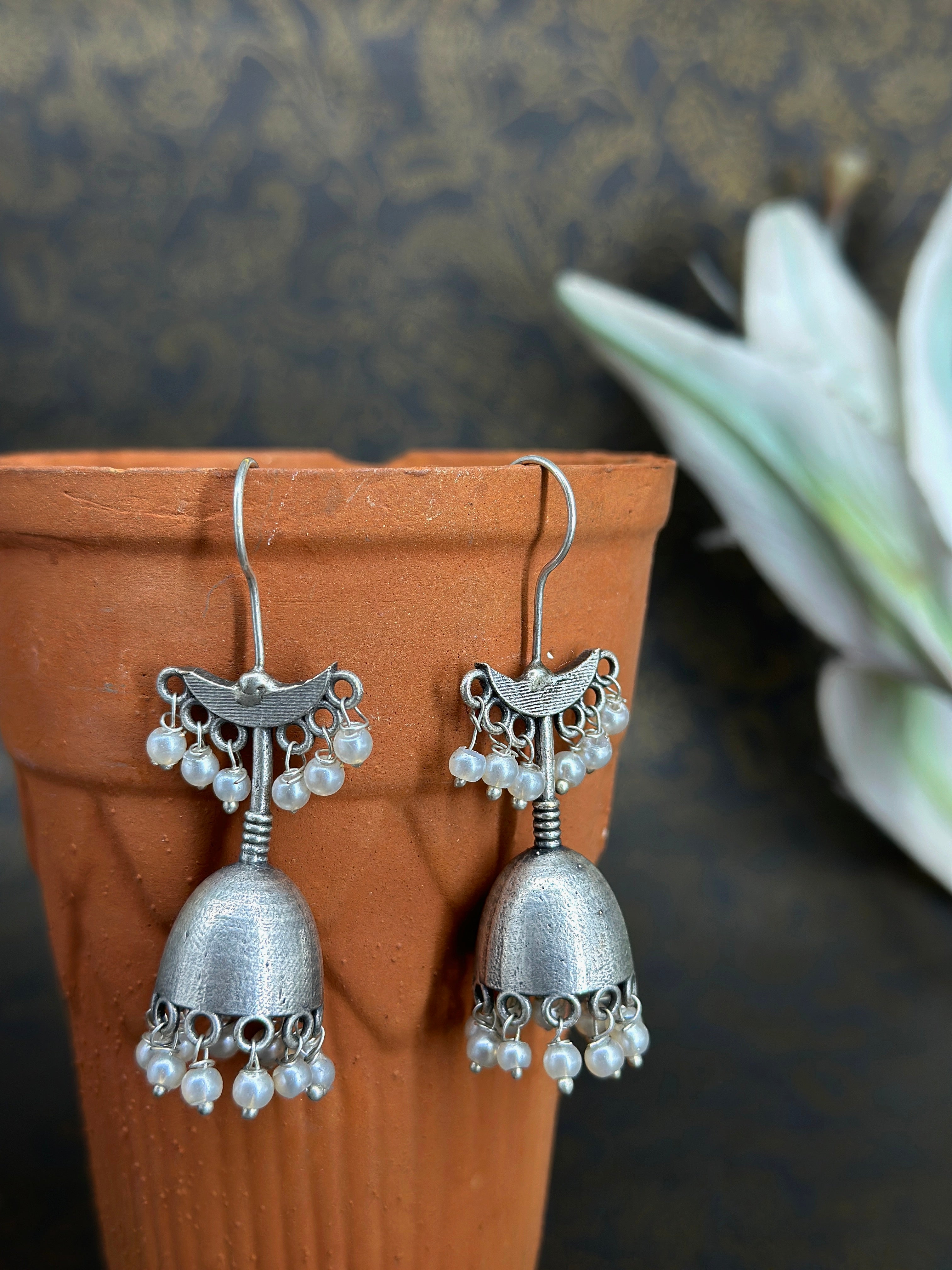 German Silver Pearl Jhumka Earrings for Women | Oxidised Silver Traditional Jhumki Earrings | Ethnic Statement Jewellery
