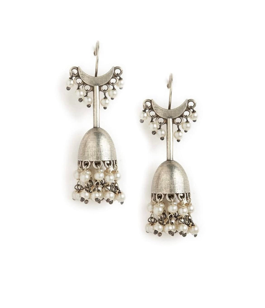 German Silver Pearl Jhumka Earrings for Women | Oxidised Silver Traditional Jhumki Earrings | Ethnic Statement Jewellery