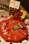 Mehendi Jewellery Combo for Bride – Bride Earrings, Ghunghroo Kanchain & Resin Flower Hair Pins (Set of 3)