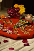 Mehendi Jewellery Combo for Bride – Bride Earrings, Ghunghroo Kanchain & Resin Flower Hair Pins (Set of 3)