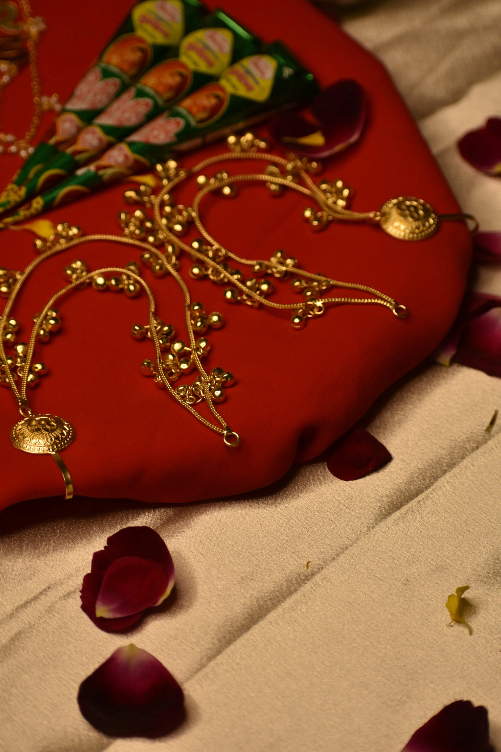 Mehendi Jewellery Combo for Bride – Bride Earrings, Ghunghroo Kanchain & Resin Flower Hair Pins (Set of 3)