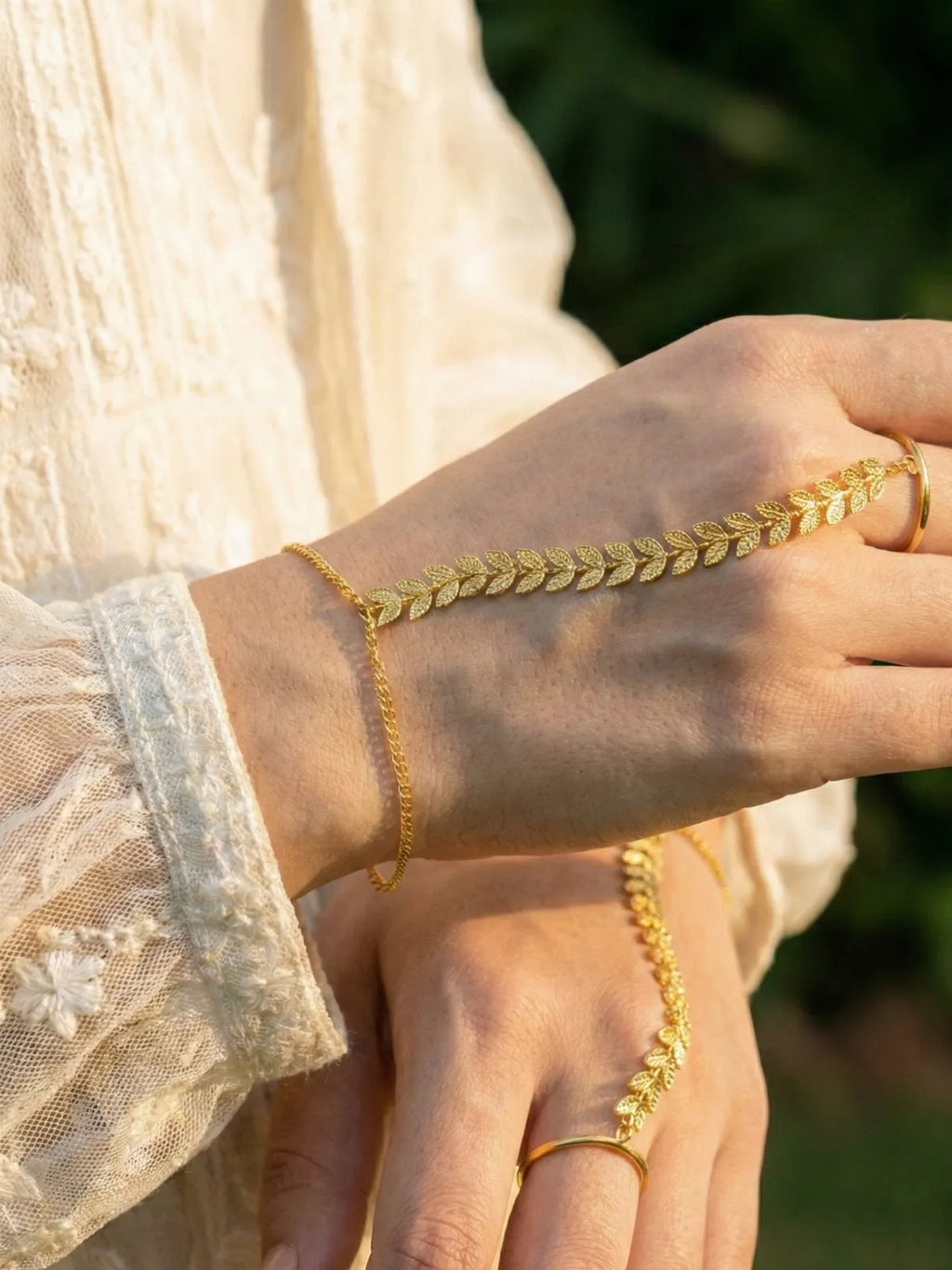 Minimal Gold Leaf Hand Harness Bracelet | Adjustable Ring Bracelet (Hathphool) for Women & Girls | Elegant Boho Jewelry