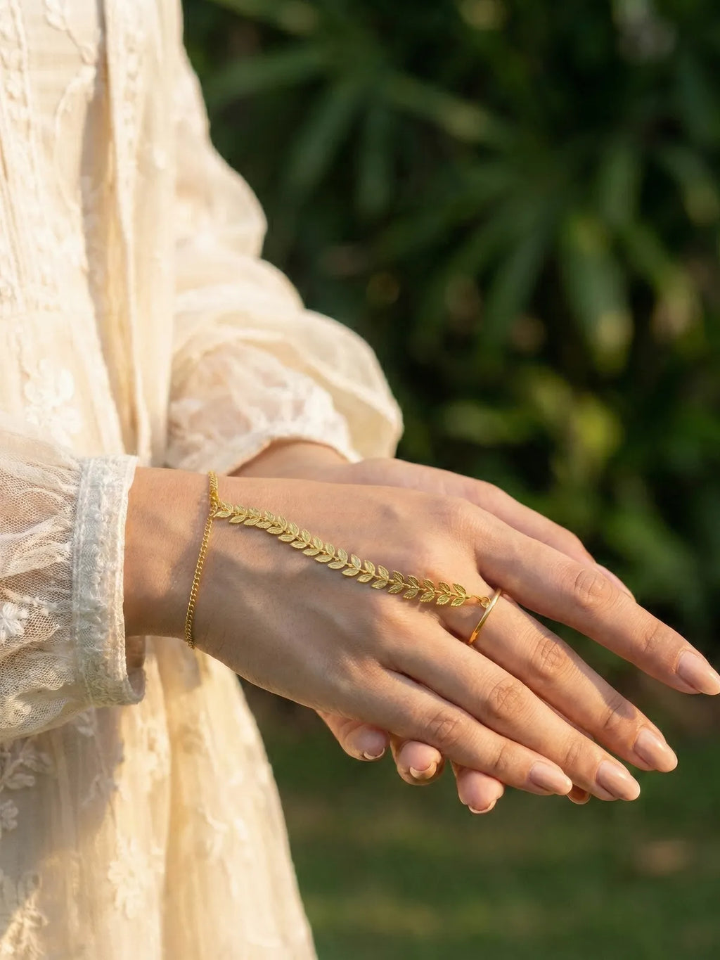 Minimal Gold Leaf Hand Harness Bracelet | Adjustable Ring Bracelet (Hathphool) for Women & Girls | Elegant Boho Jewelry
