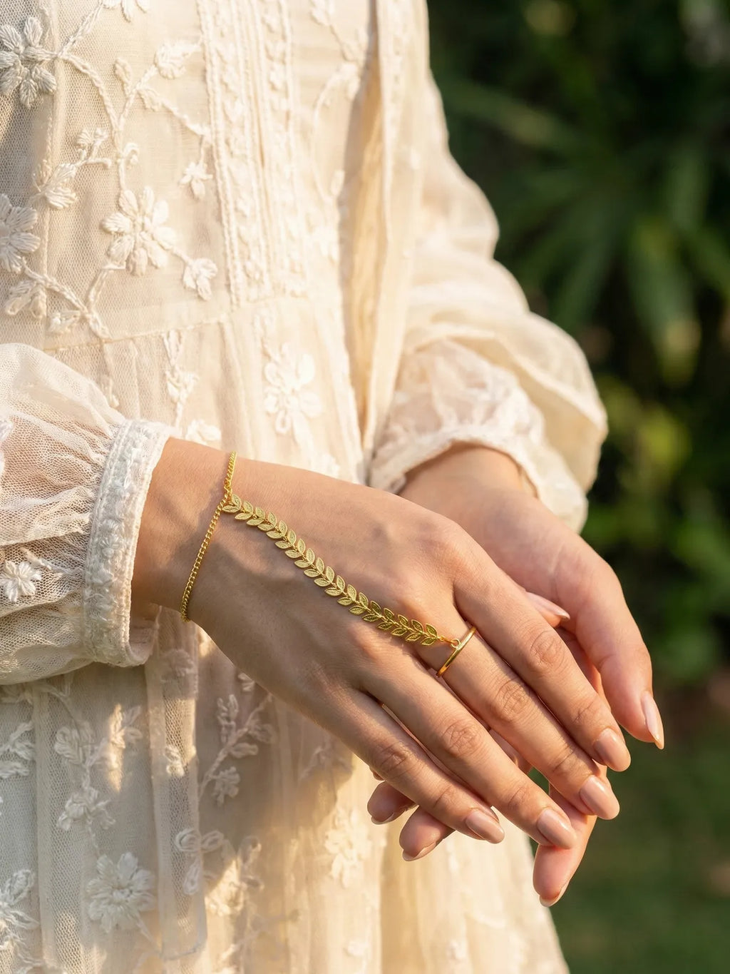 Minimal Gold Leaf Hand Harness Bracelet | Adjustable Ring Bracelet (Hathphool) for Women & Girls | Elegant Boho Jewelry