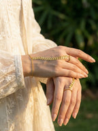 Minimal Gold Leaf Hand Harness Bracelet | Adjustable Ring Bracelet (Hathphool) for Women & Girls | Elegant Boho Jewelry