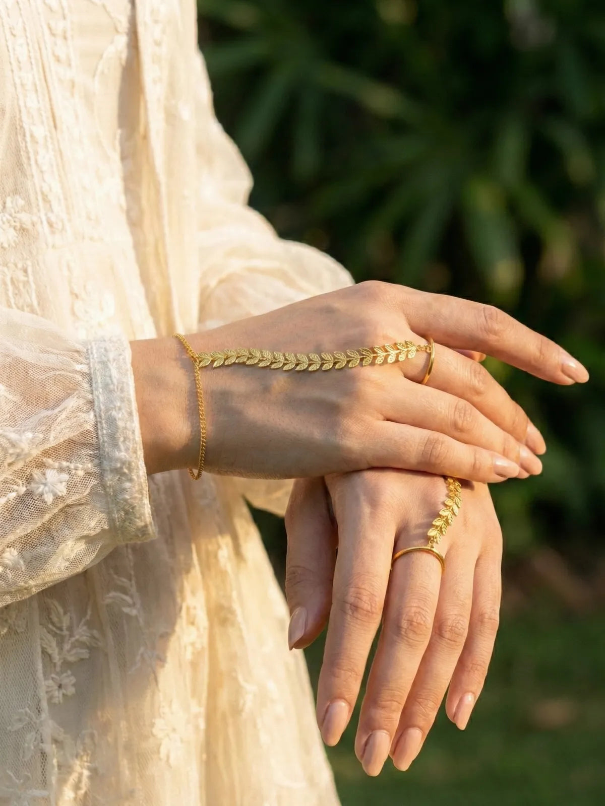 Minimal Gold Leaf Hand Harness Bracelet | Adjustable Ring Bracelet (Hathphool) for Women & Girls | Elegant Boho Jewelry