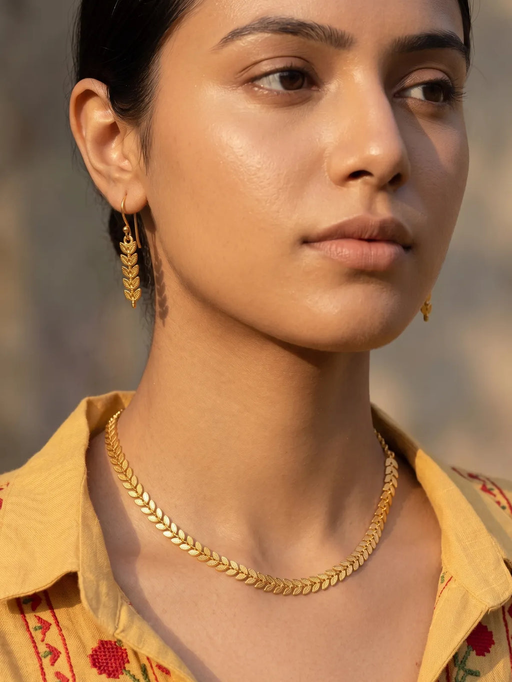 Minimal Gold Leaf Necklace & Earrings Set | Elegant Lightweight Jewelry Set for Women | Everyday & Festive Wear Gold-Tone Set
