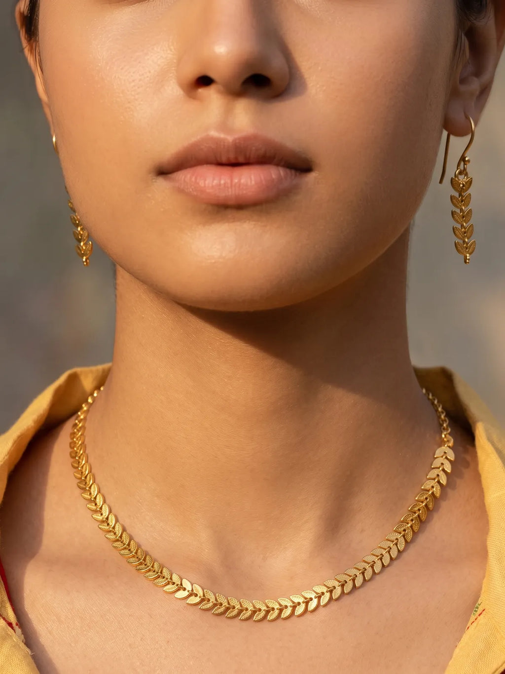 Minimal Gold Leaf Necklace & Earrings Set | Elegant Lightweight Jewelry Set for Women | Everyday & Festive Wear Gold-Tone Set