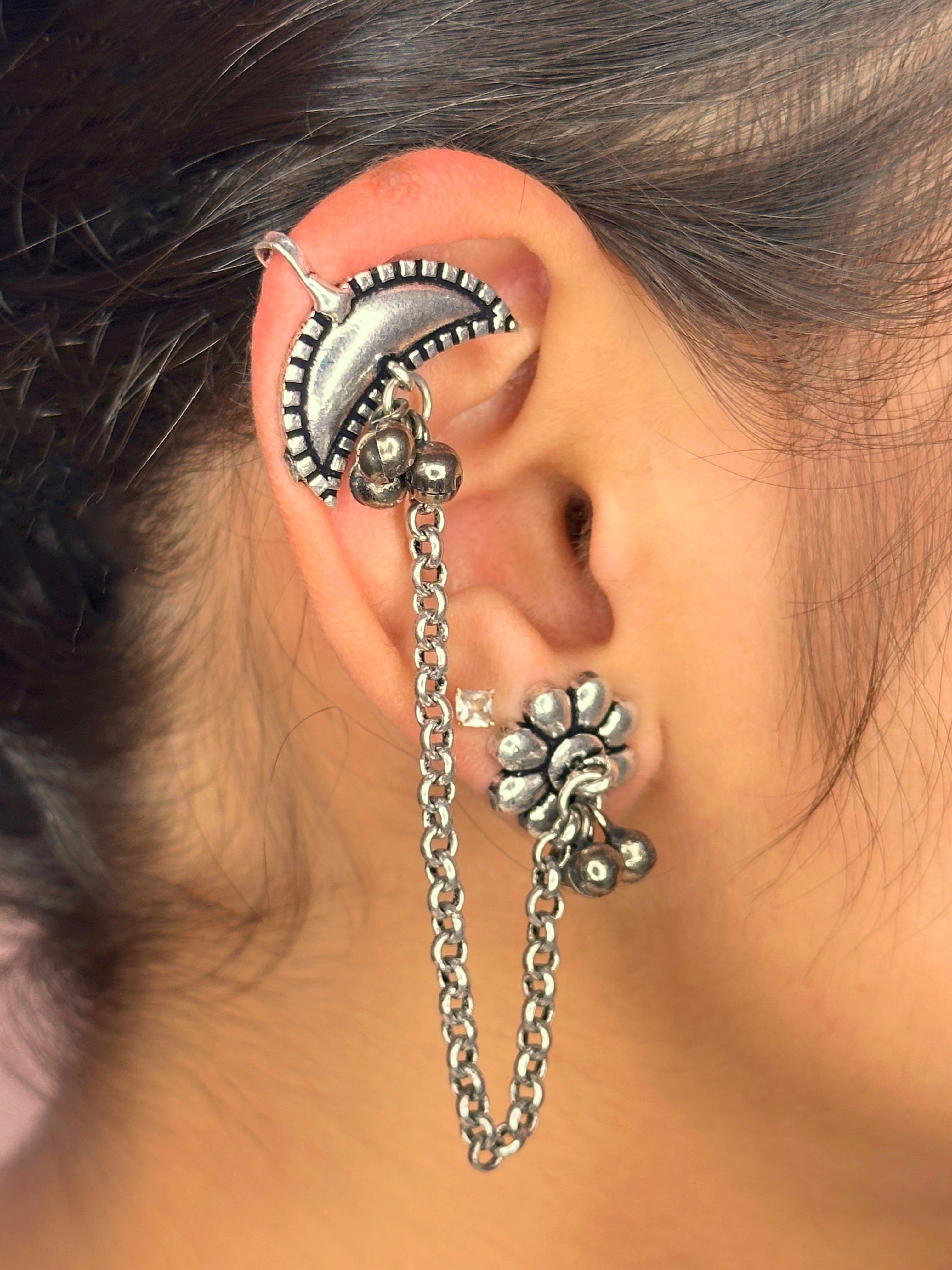 German Silver Oxidized Floral Chain Ear Cuff