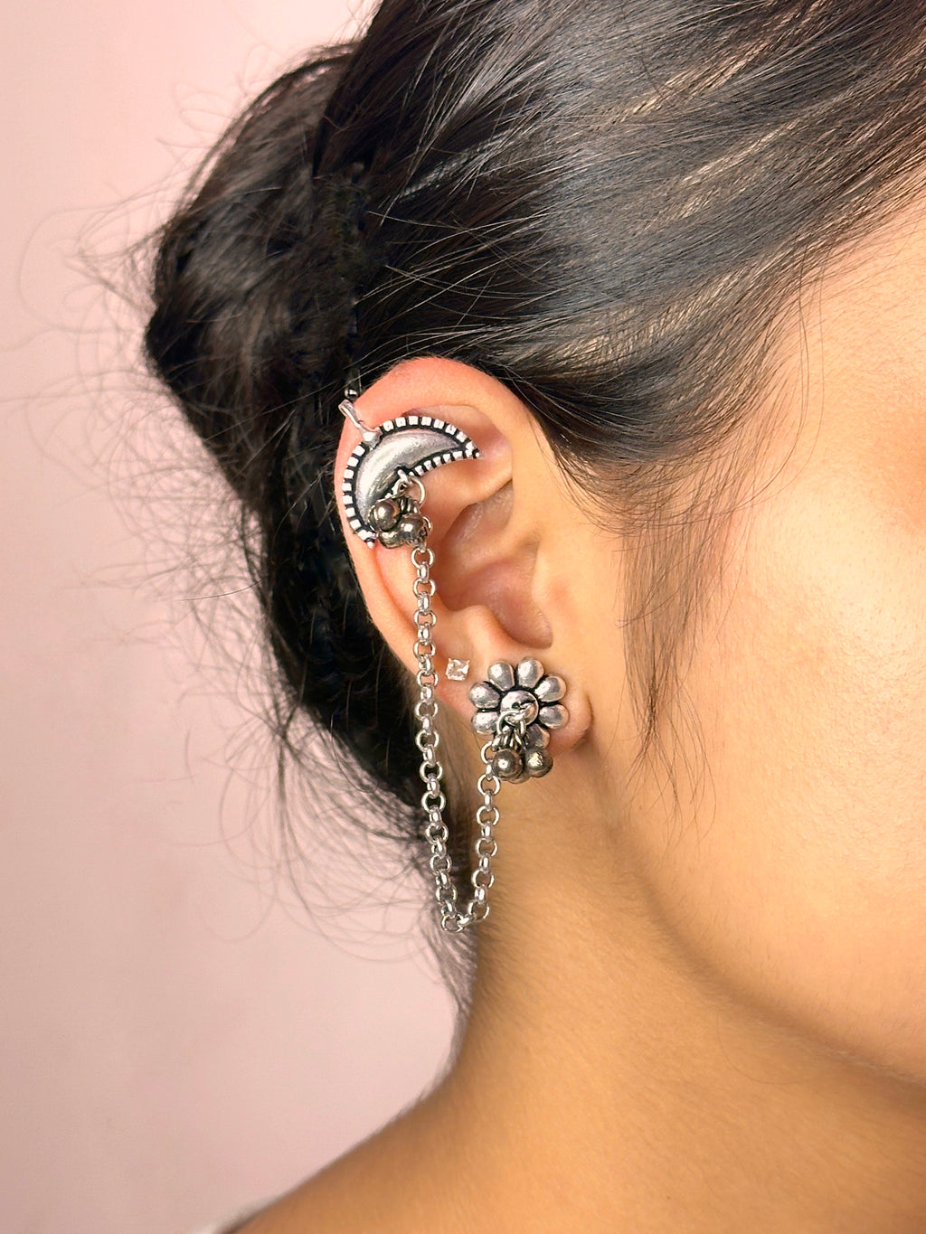 German Silver Oxidized Floral Chain Ear Cuff