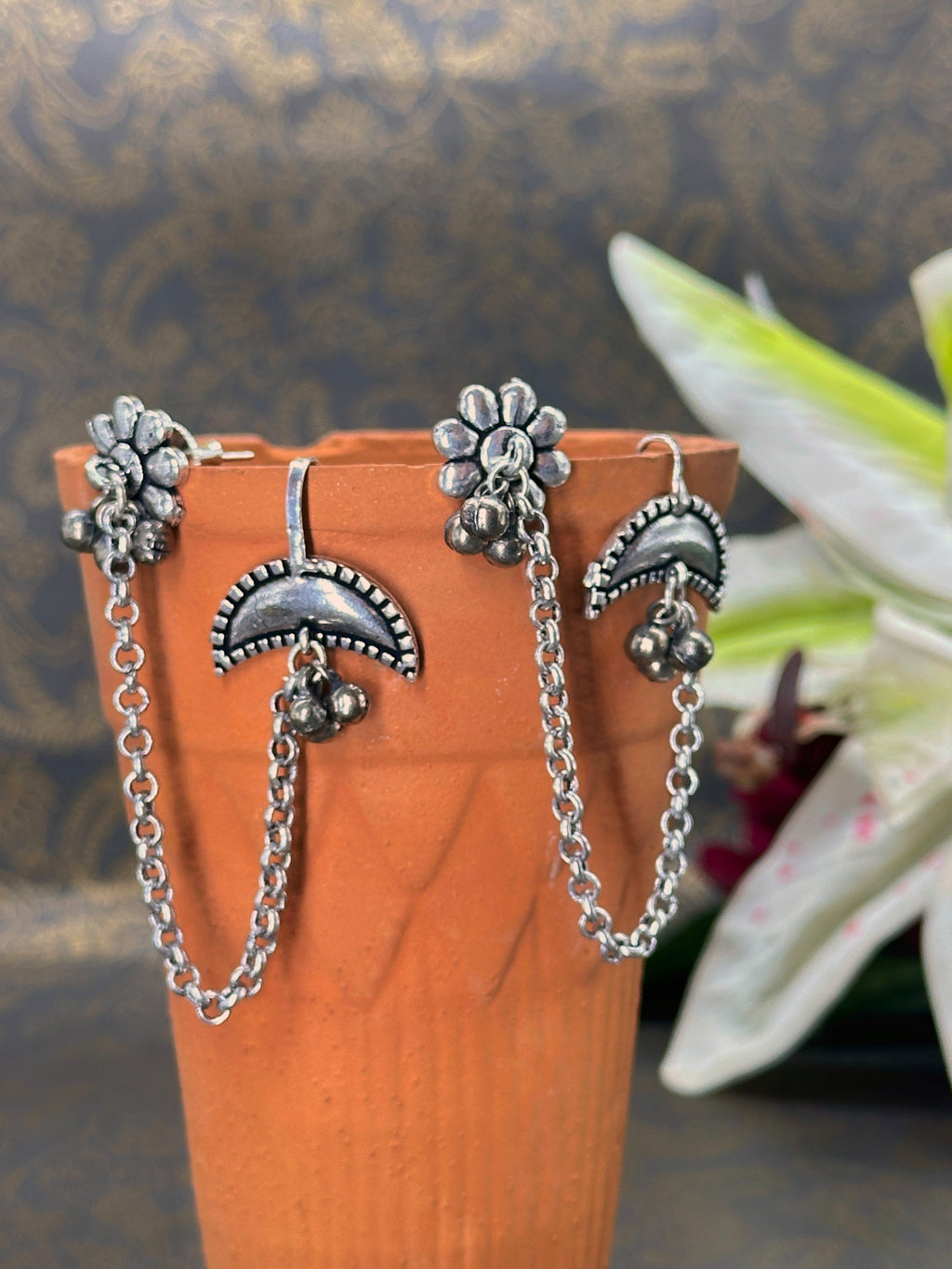 German Silver Oxidized Floral Chain Ear Cuff
