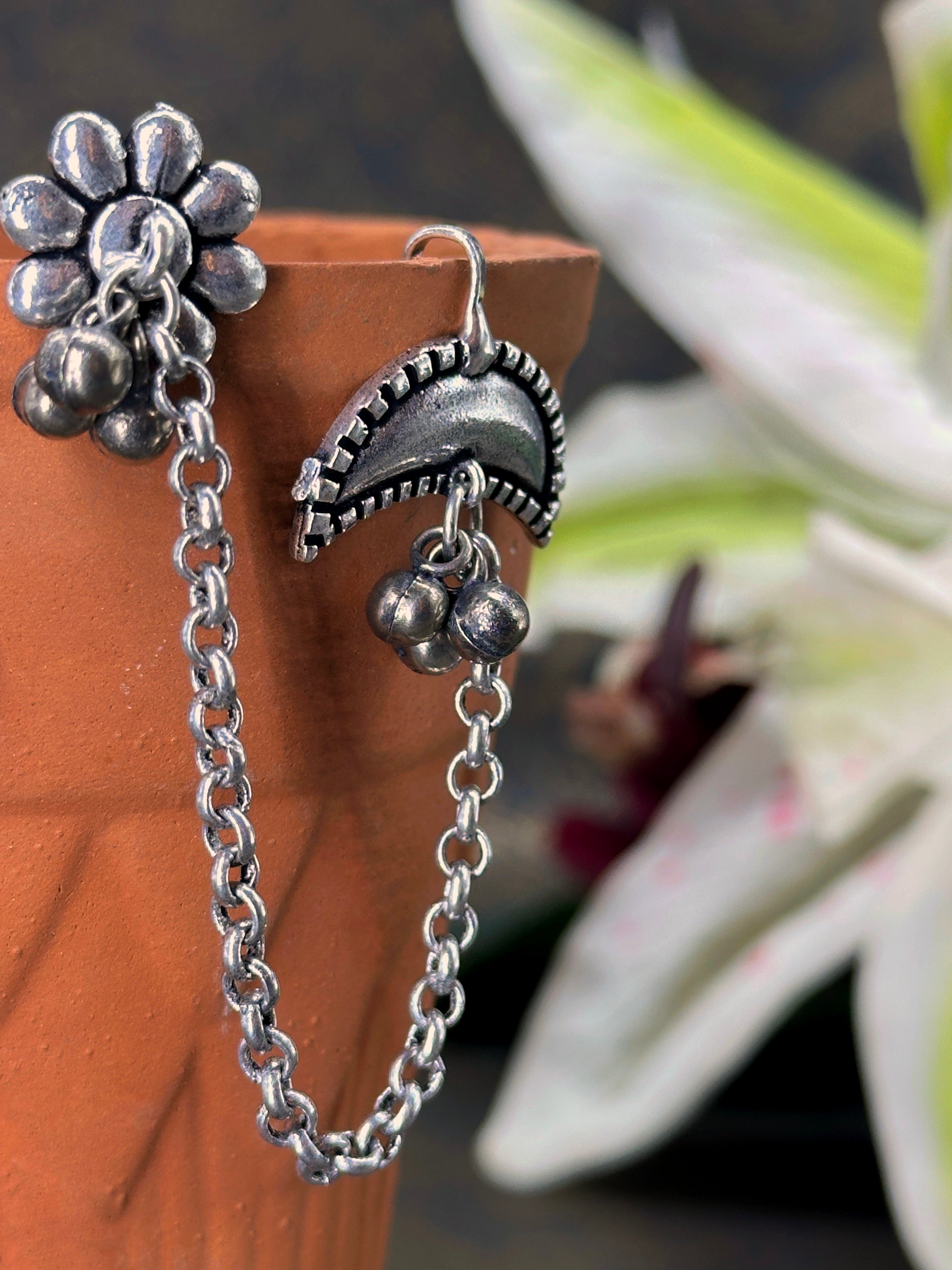 German Silver Oxidized Floral Chain Ear Cuff
