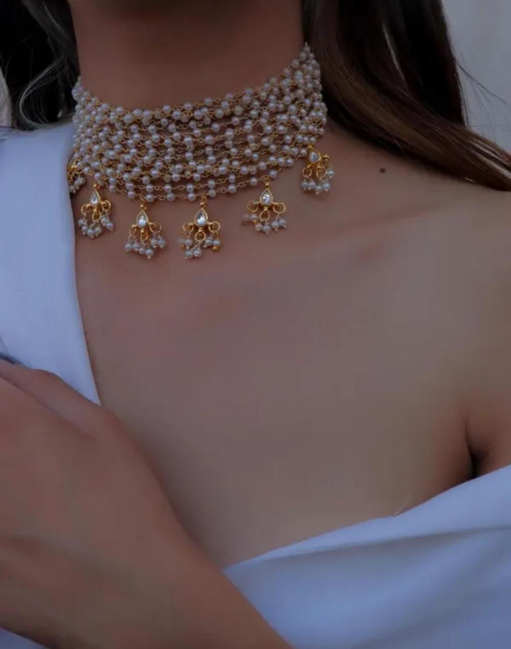 Pearl Cascade Kundan Choker - Traditional Indian Jewelry with Modern Style