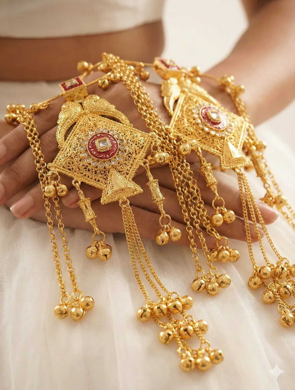 Royal Gold Bridal Kaleere with Kundan & Red Meenakari Detailing | Traditional Punjabi Wedding Kaleere