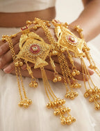 Royal Gold Bridal Kaleere with Kundan & Red Meenakari Detailing | Traditional Punjabi Wedding Kaleere