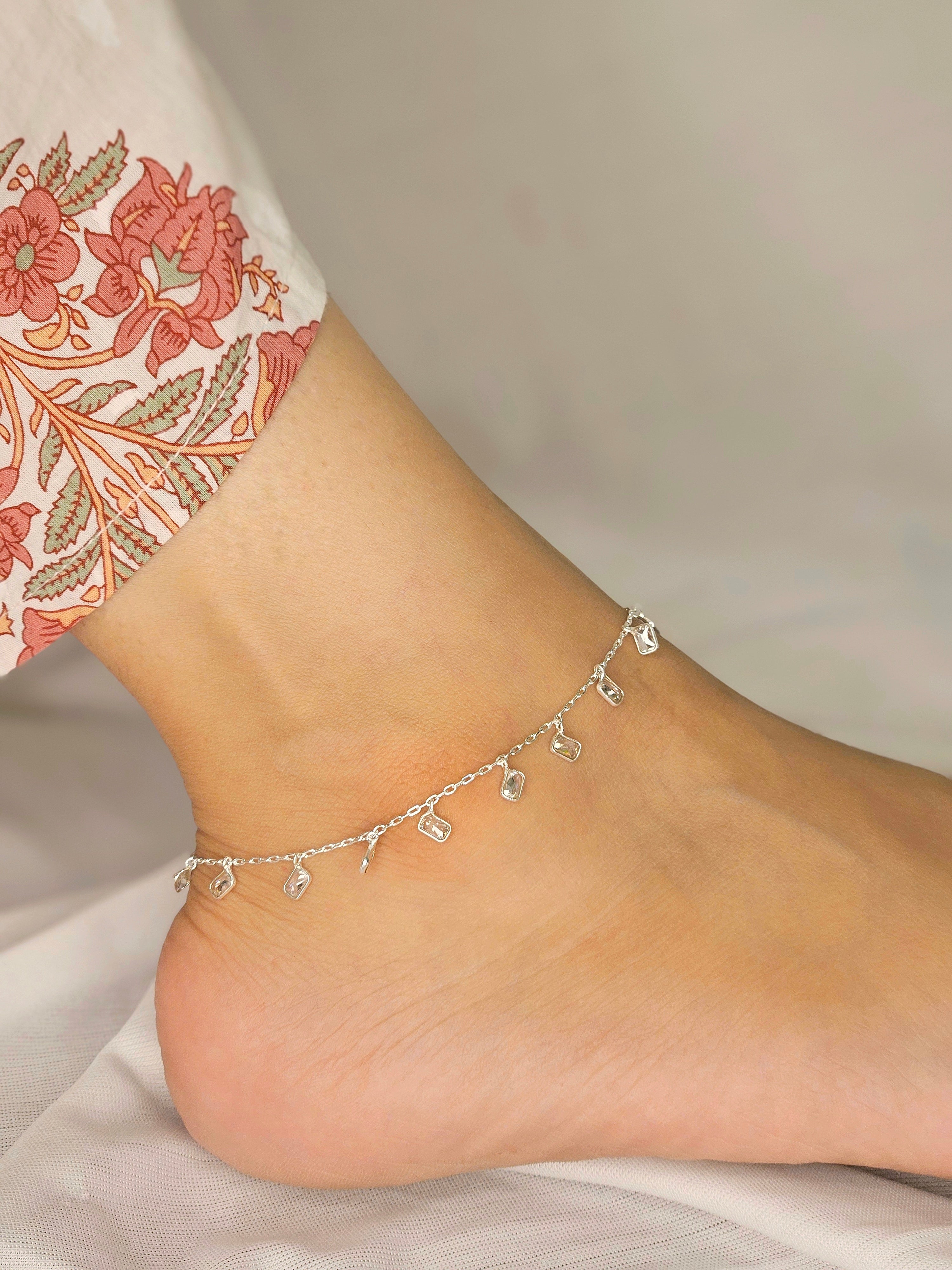 Square Drop 925 Sterling Silver Anklet for Women | Geometric Charm Adjustable Silver Payal