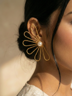 Statement Gold Wire Flower Earrings with Pearl Center | Minimal Floral Stud Earrings for Women & Girls