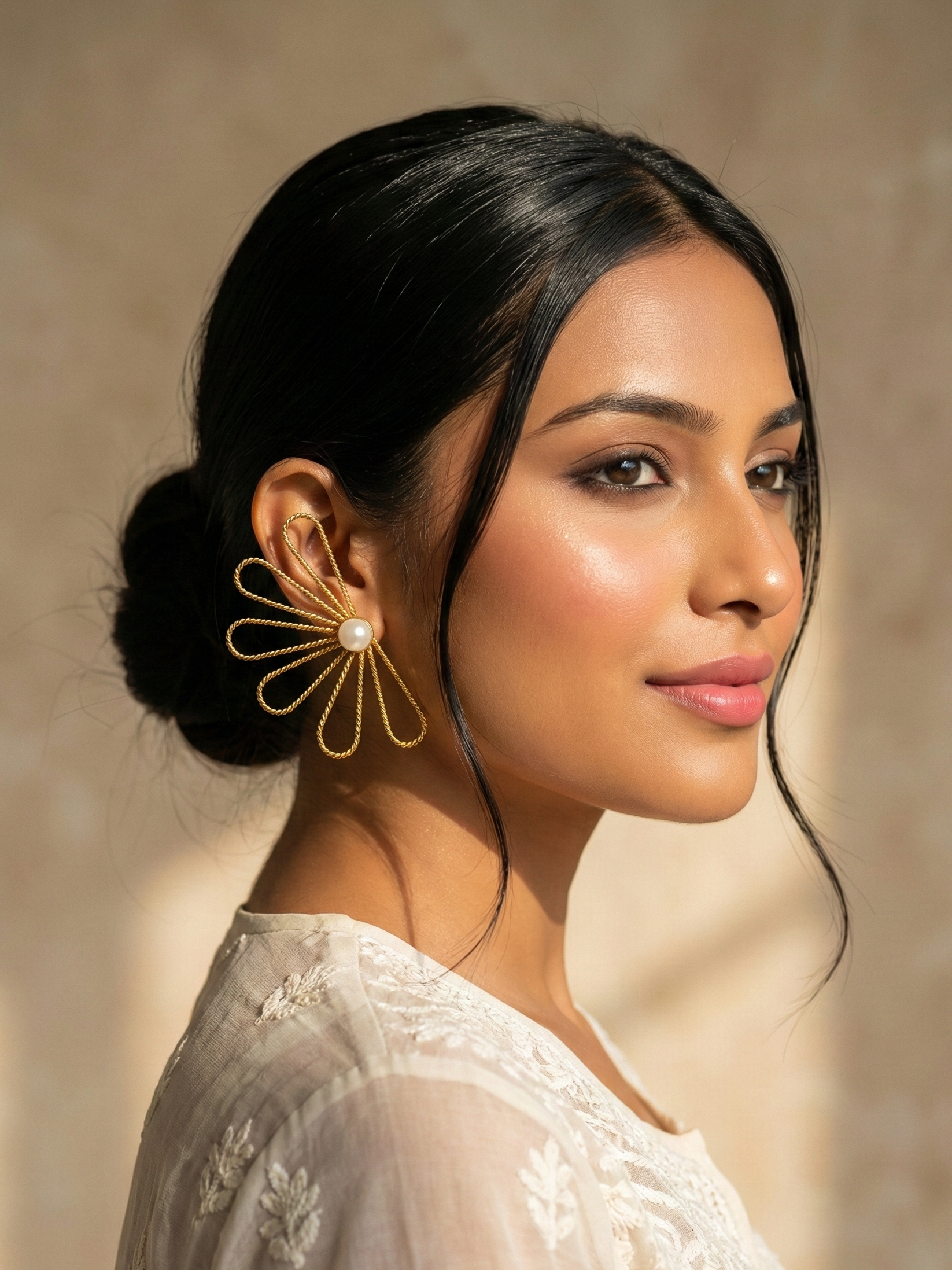 Statement Gold Wire Flower Earrings with Pearl Center | Minimal Floral Stud Earrings for Women & Girls