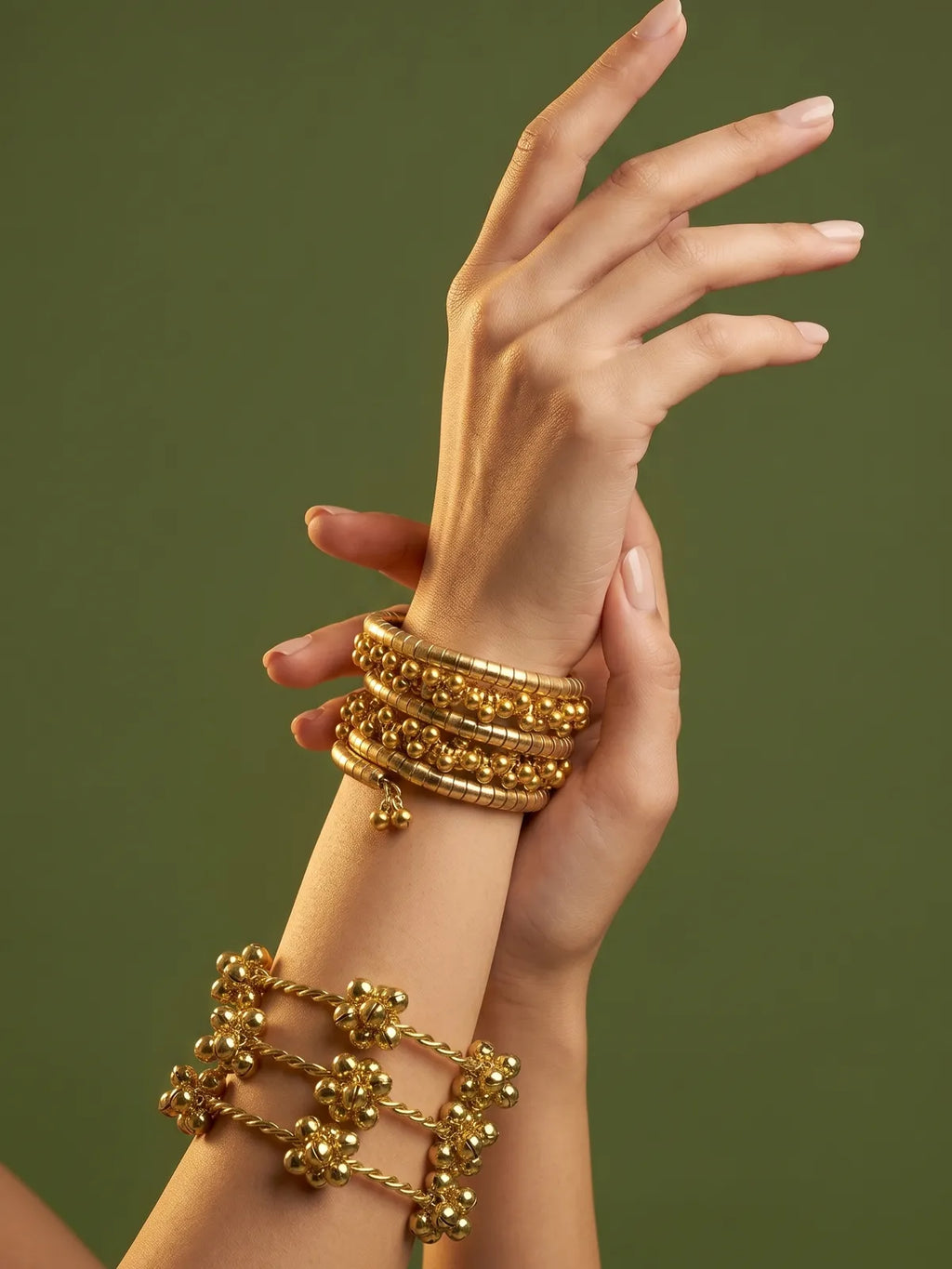 Summer Gold Ghungroo Bangle Stack Set (4 Bangles + Spiral Bracelet) | 18K Gold-Plated Traditional Boho Jewelry