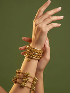 Summer Gold Ghungroo Bangle Stack Set (4 Bangles + Spiral Bracelet) | 18K Gold-Plated Traditional Boho Jewelry